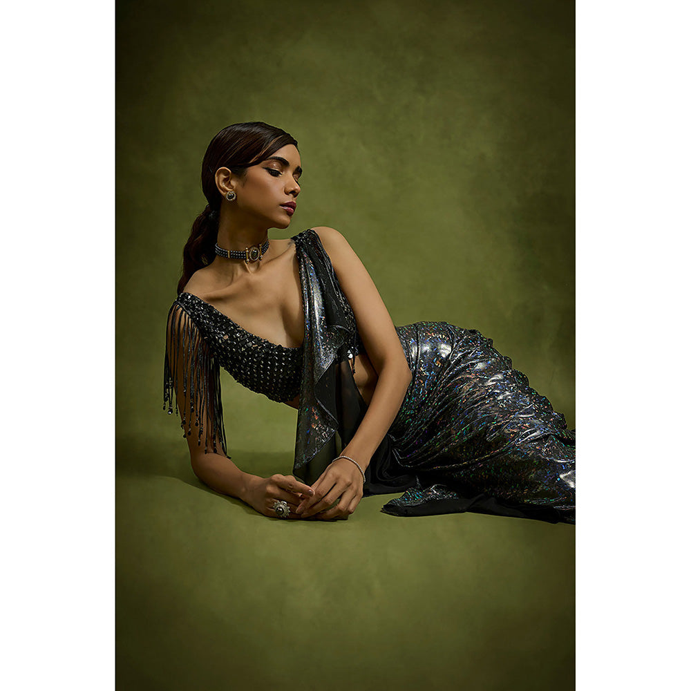 BABITA M Black Stardust Cascade Pre-draped Saree with Stitched Blouse
