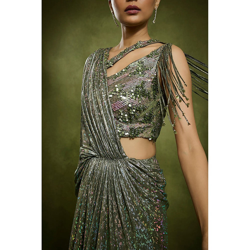 BABITA M Green Stardust Cascade Pre-draped Saree with Stitched Blouse