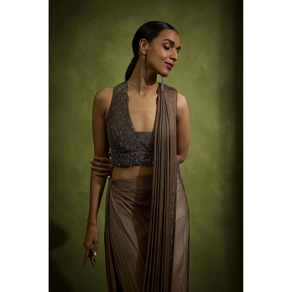 BABITA M Brown Draped Cowl Pre-draped Saree with Stitched Blouse