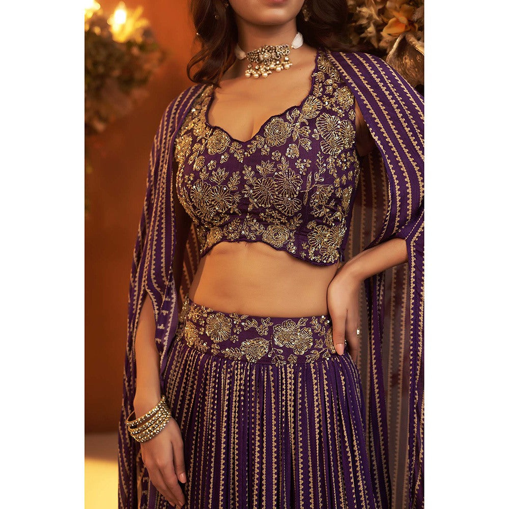 Baidehi Deep Purple Embellished Blouse with Cape and Lehenga (Set of 3)