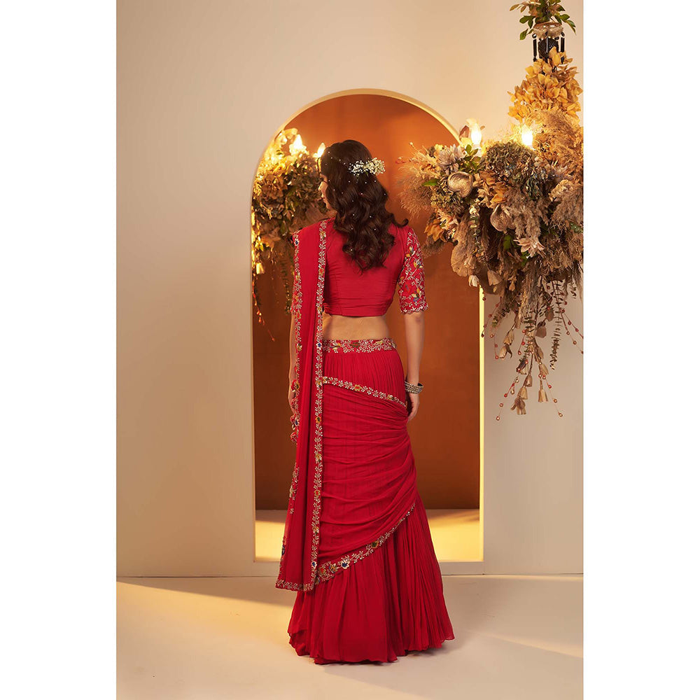 Baidehi Deep Red Attached Draped Lehenga with Embroidered Blouse (Set of 2)
