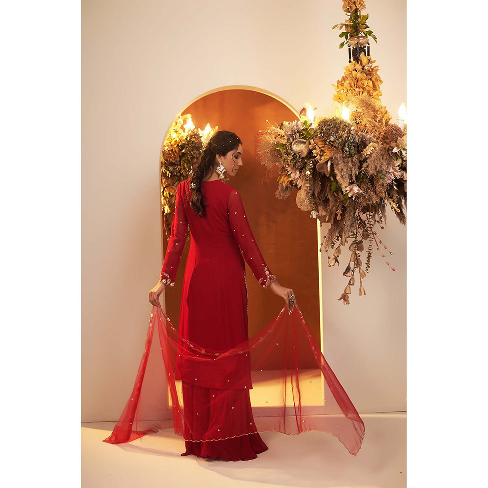 Baidehi Deep Red Embellished Kurta with Sharara and Dupatta (Set of 3)