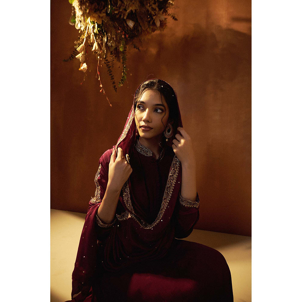 Baidehi Wine Embroidered Anarkali Kurta with Dupatta (Set of 2)