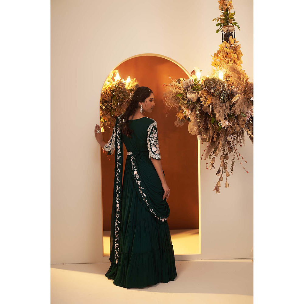 Baidehi Emerald Green Embroidered Draped Gown with Belt (Set of 2)