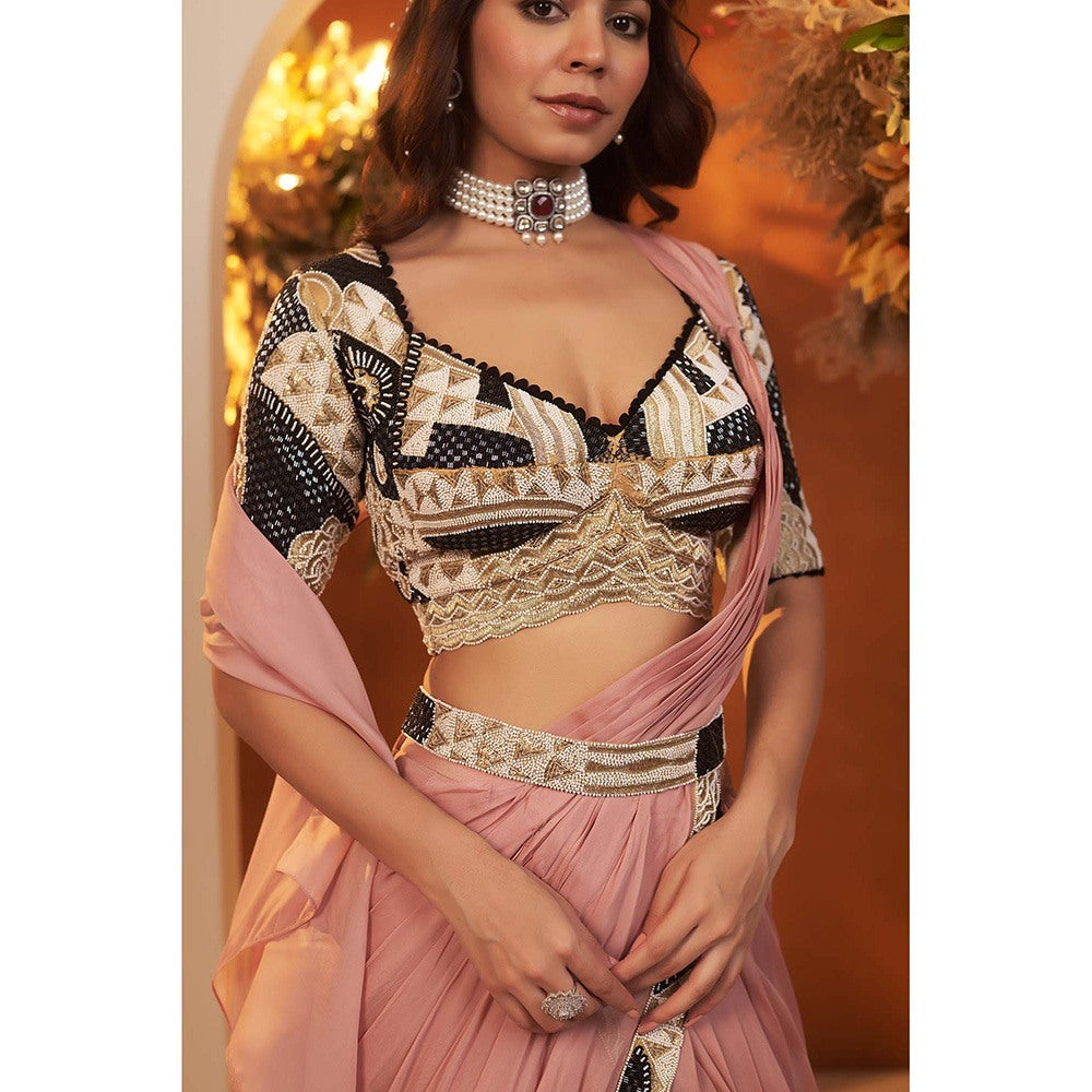 Baidehi Pearl Pink Blouse with Attached Drape Lehenga and Belt (Set of 4)