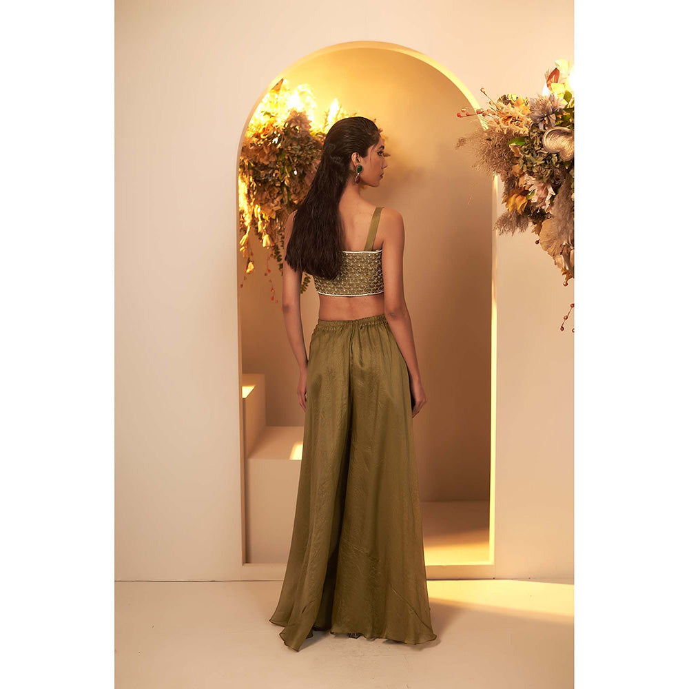 Baidehi Sage Green Embellished Blouse with Palazzo and Jacket (Set of 3)