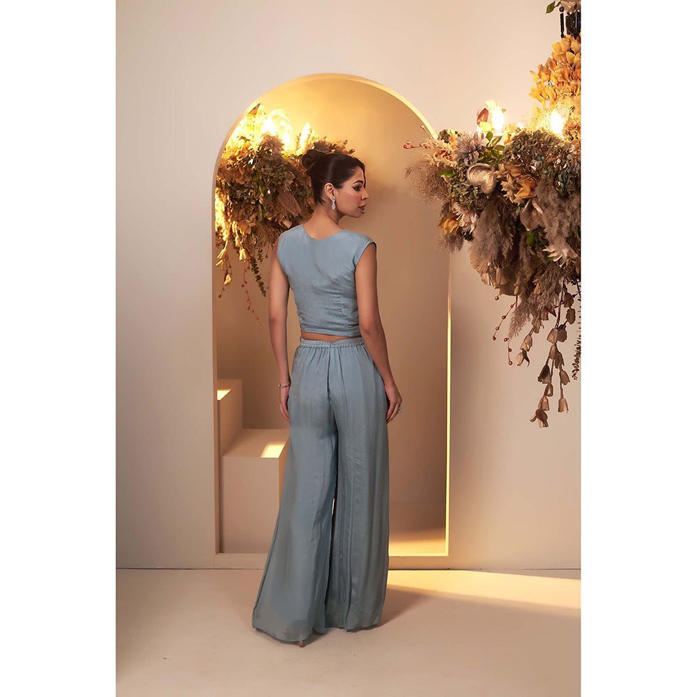 Baidehi Blue Embroidered Crop Top with Palazzo and Jacket (Set of 3)