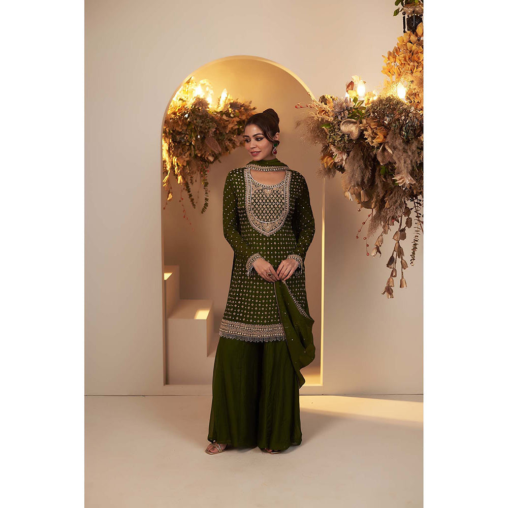 Baidehi Olive Green Embroidered Kurta with Sharara and Dupatta (Set of 3)