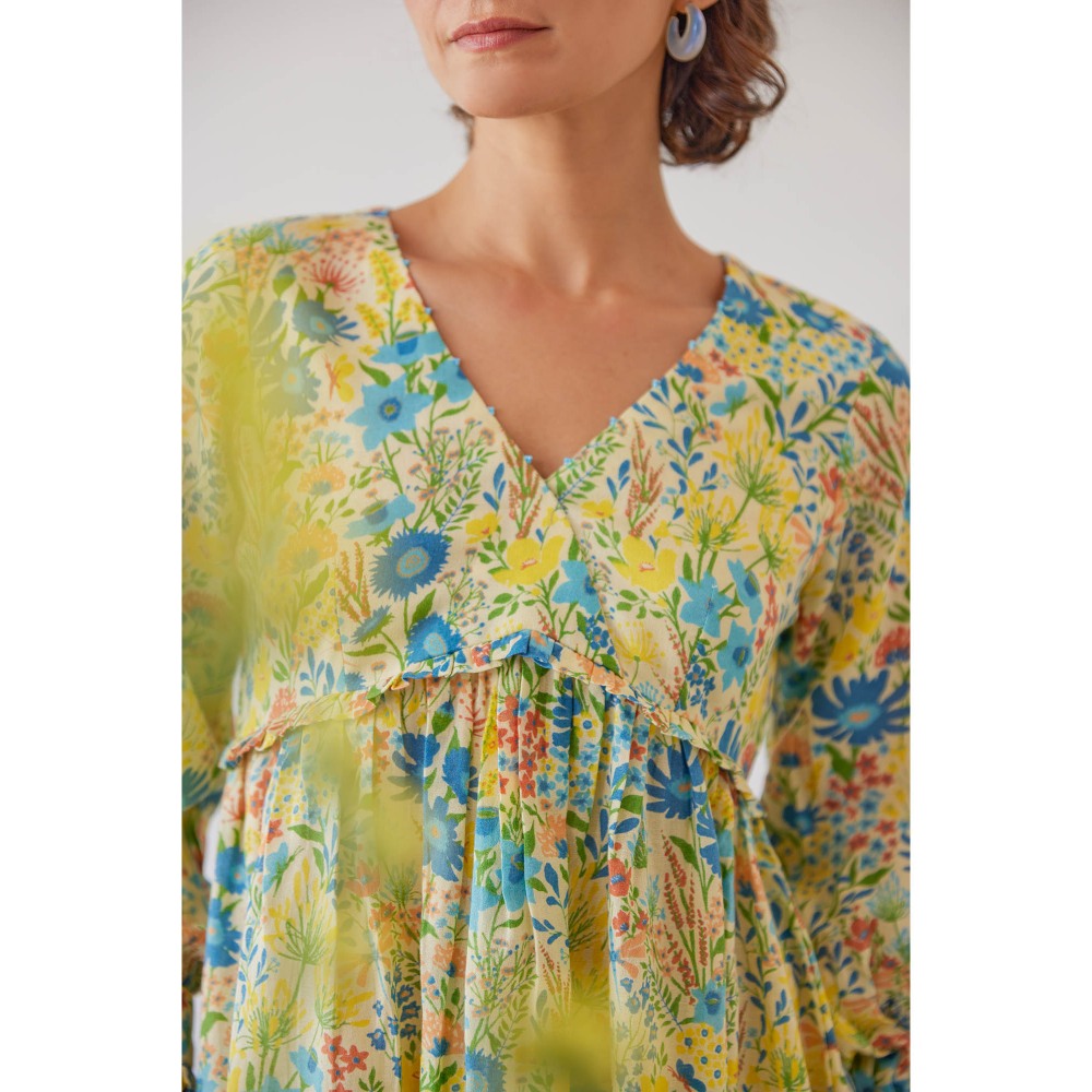 Baise Gaba Light Yellow Floral Printed Mystic Knee Length Dress