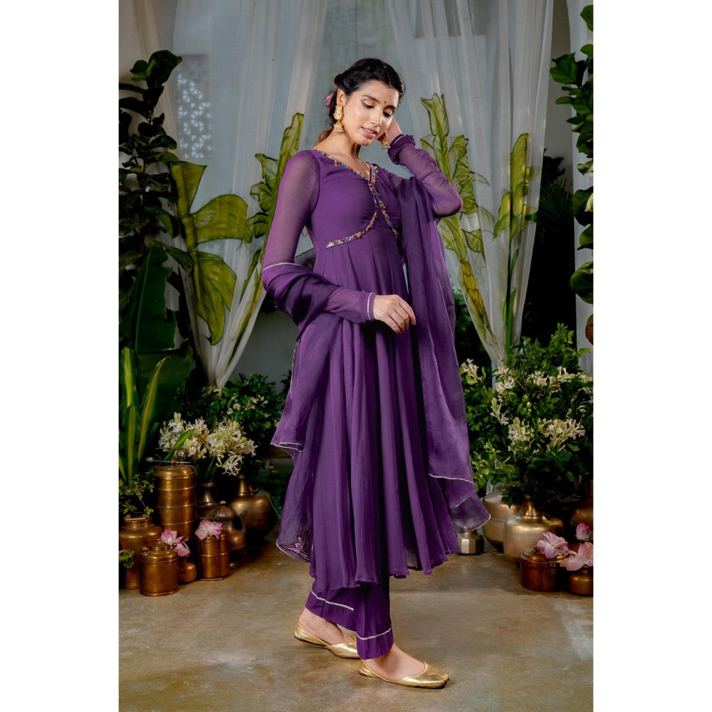 Baise Gaba Nishkha Purple Anarkali Kurta with Pant and Dupatta (Set of 3)