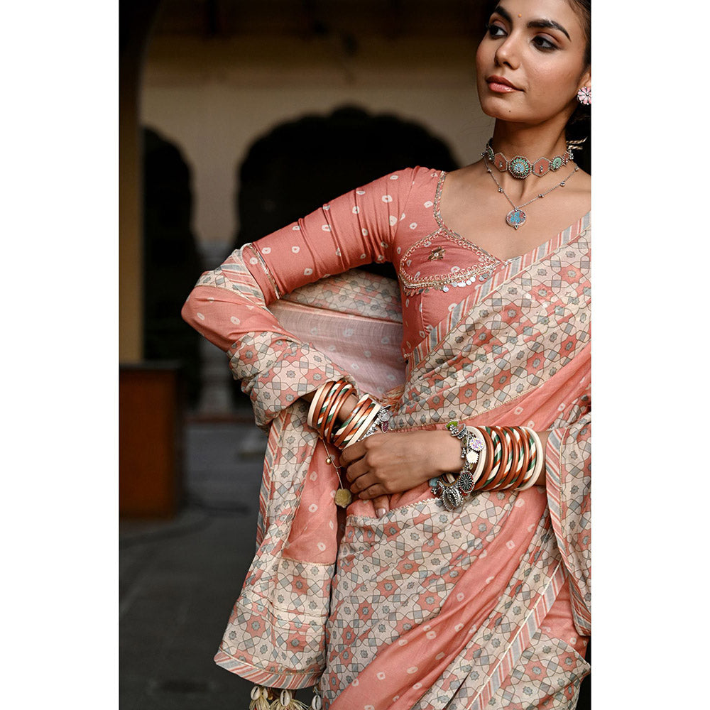 Baise Gaba Jal Jharokha Printed Saree with Stitched Blouse