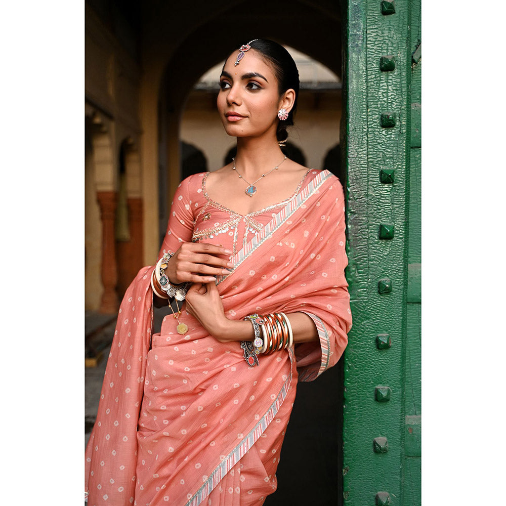 Baise Gaba Kesariya Noor Printed Saree with Stitched Blouse