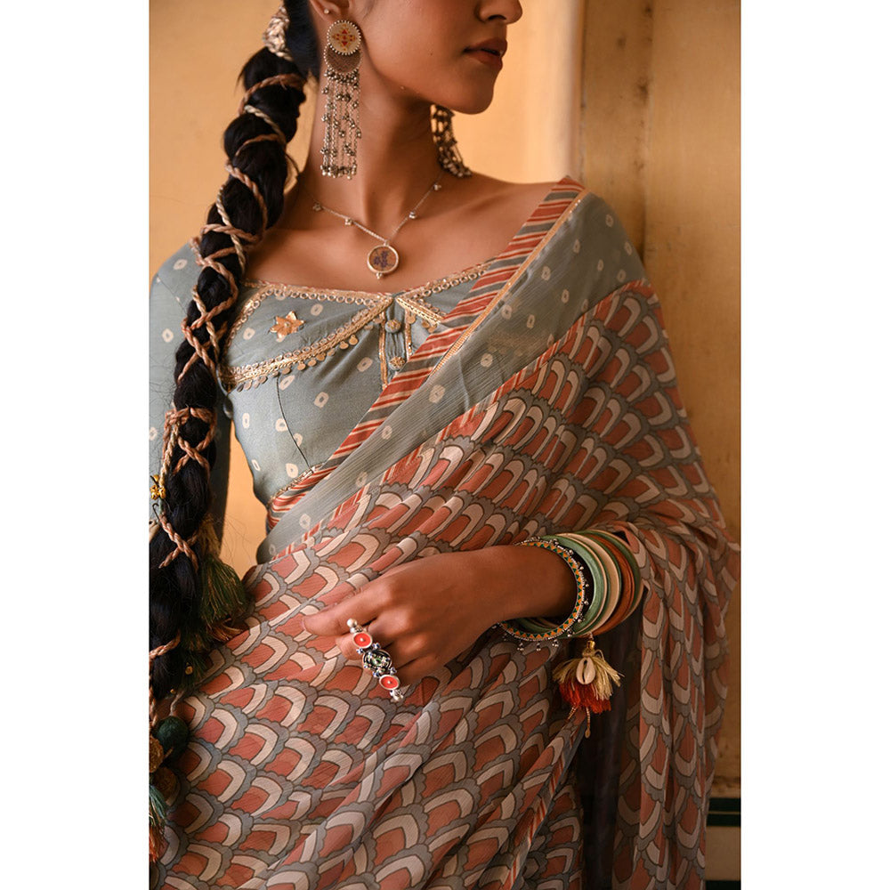 Baise Gaba Chandni Printed Saree with Stitched Blouse