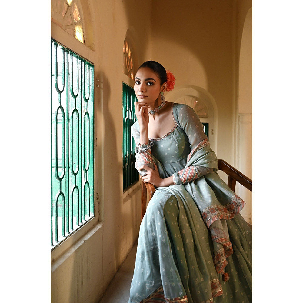 Baise Gaba Green Moti Mahal Printed Anarkali Kurta with Pant and Dupatta (Set of 3)