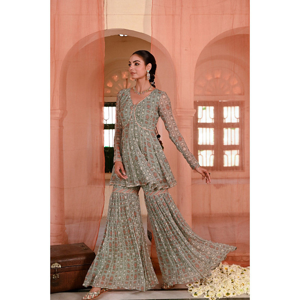 Baise Gaba Green Chandpole Printed Kurti with Sharara (Set of 2)