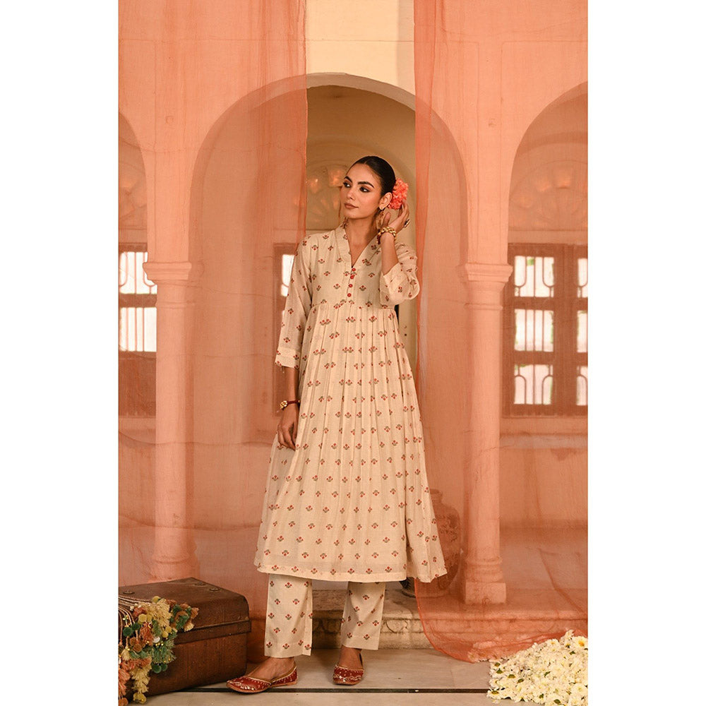 Baise Gaba Beige Jalmahal Floral Printed Anarkali Kurta with Pant and Dupatta (Set of 3)
