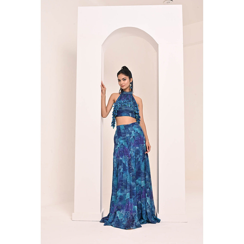 Bani Khurana Blue Floral Print Top with Palazzo (Set of 2)