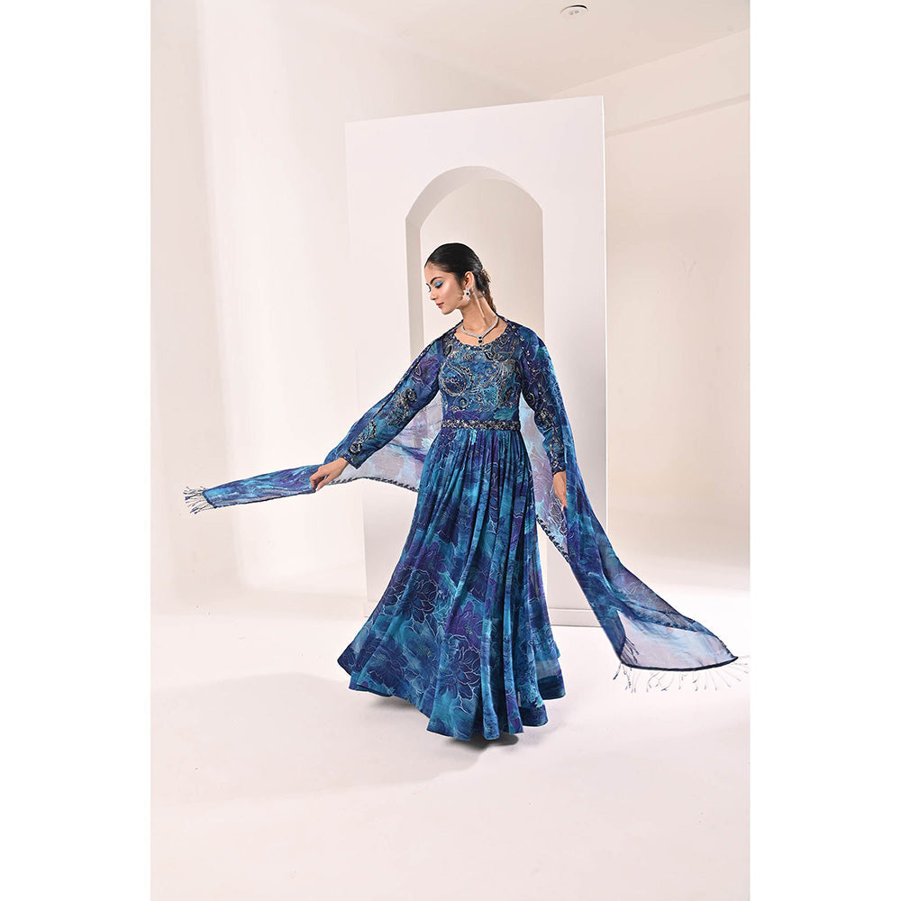 Bani Khurana Blue Floral Print Embellished Anarkali Kurta with Pyjama and Dupatta (Set of 3)