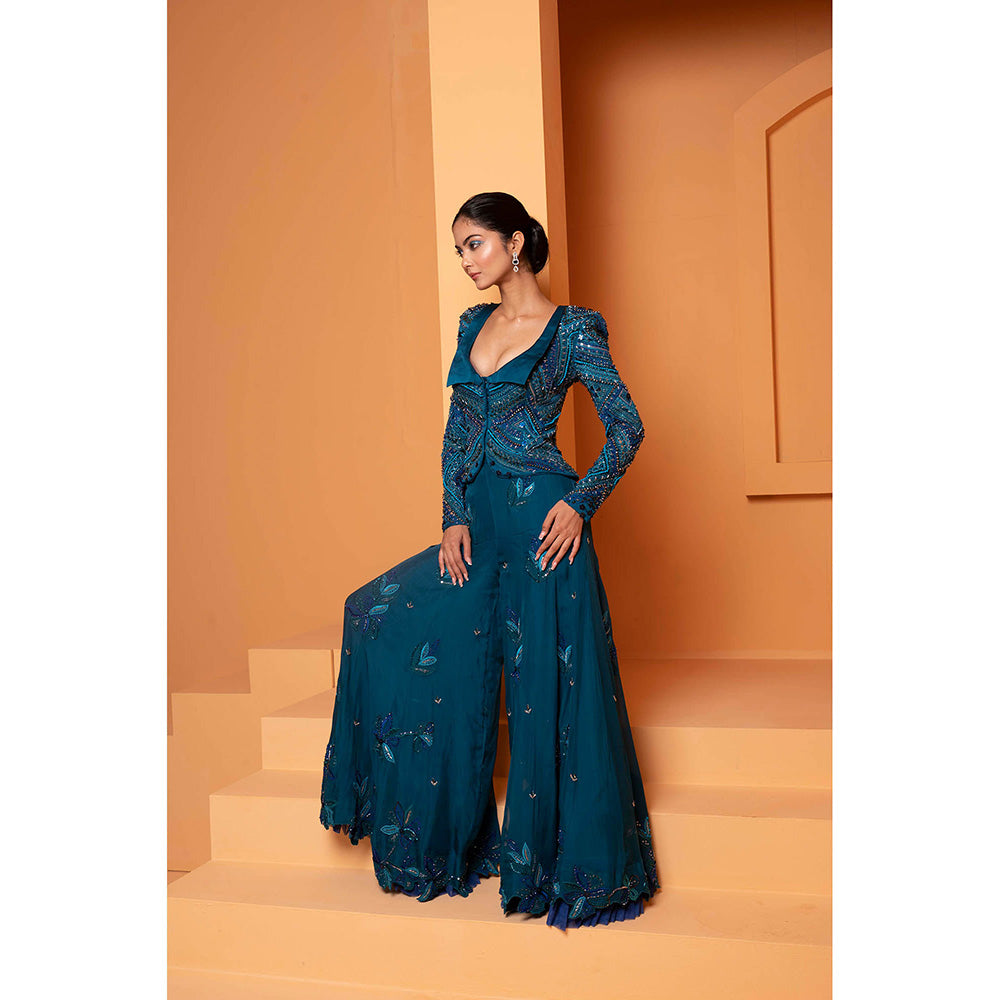Bani Khurana Teal Embellished Jacket with Sharara (Set of 2)