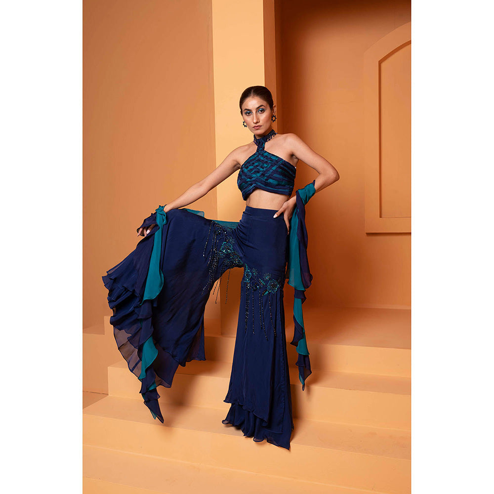 Bani Khurana Navy Blue Embellished Cris-Cros Top and Sharara with Dupatta (Set of 3)