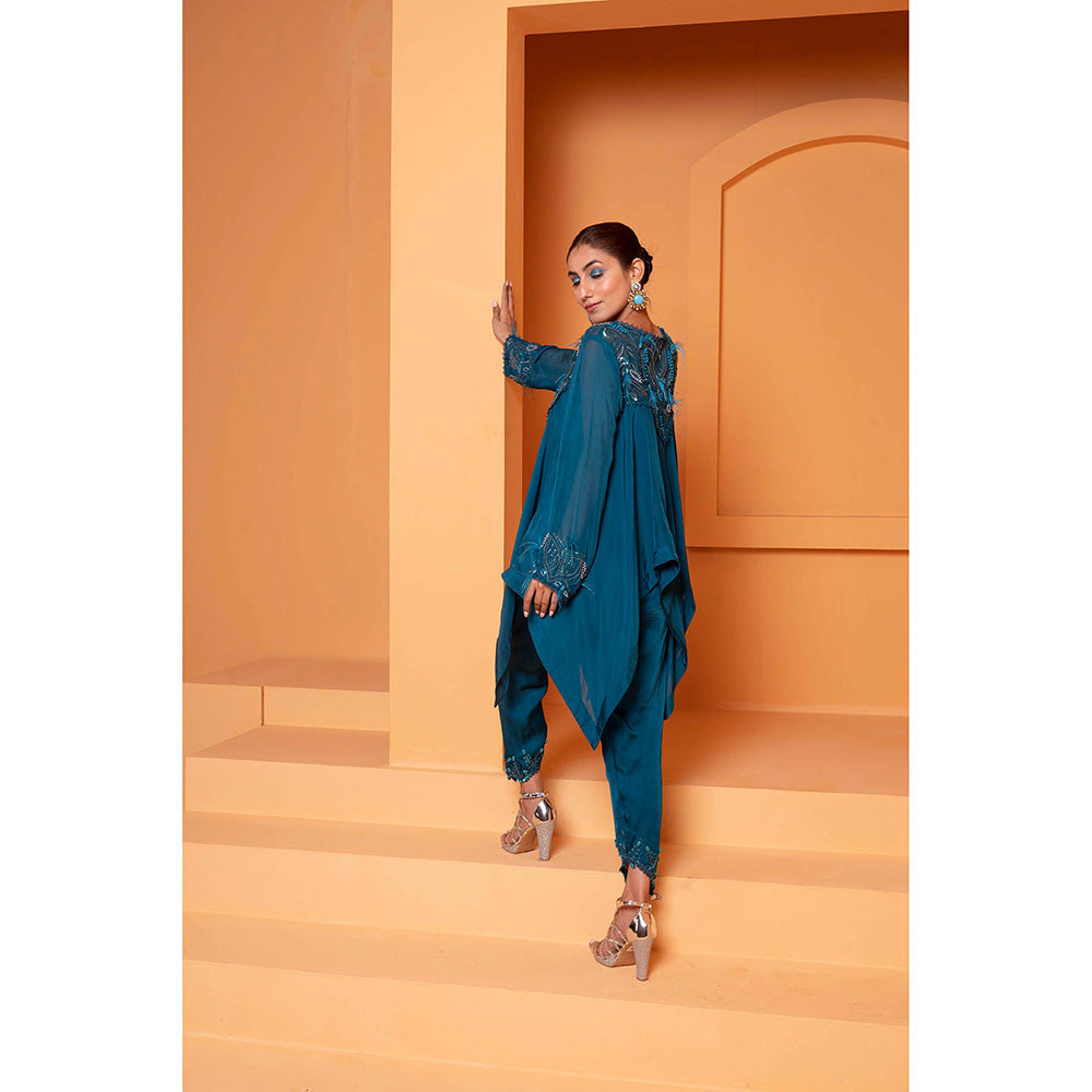 Bani Khurana Teal Embellished Handkerchief Kurti with Dhoti (Set of 2)