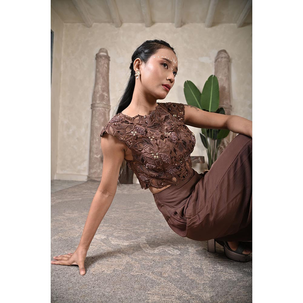 Bani Khurana Cocoa Bloom Embroidered Crop Top and Pant