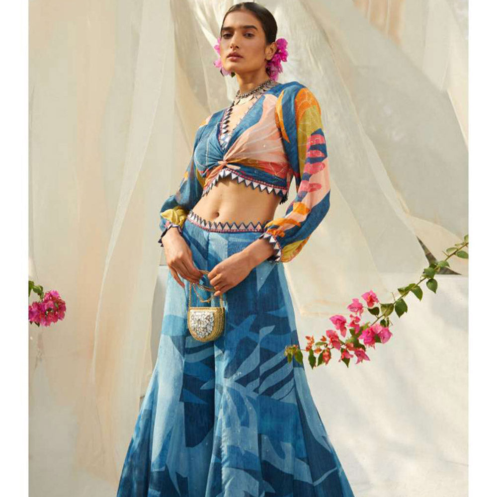 Basil Leaf Blue Palazzo with Crop Top (Set of 2)