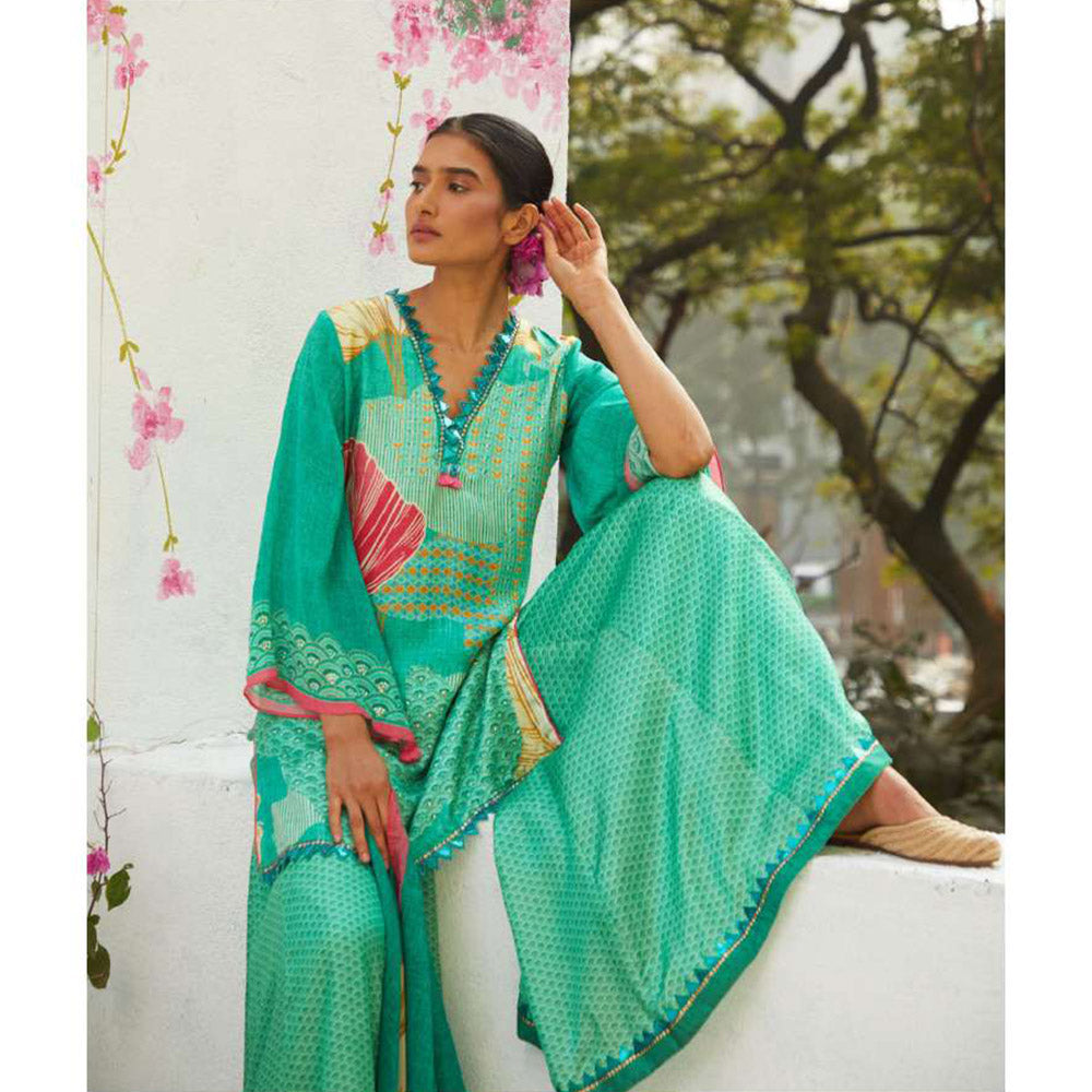 Basil Leaf Turquoise Sharara with Kurti and Dupatta (Set of 3)