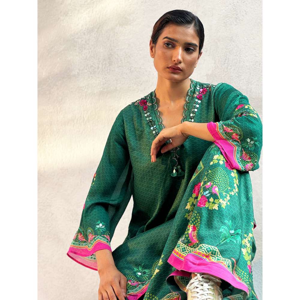 Basil Leaf Bottle Green Kurta with Palazzo and Dupatta (Set of 3)