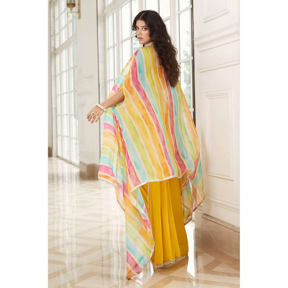 Basanti Kapde aur Koffee Yellow Pre-Draped Cape Saree with Stitched Blouse (Set of 3)