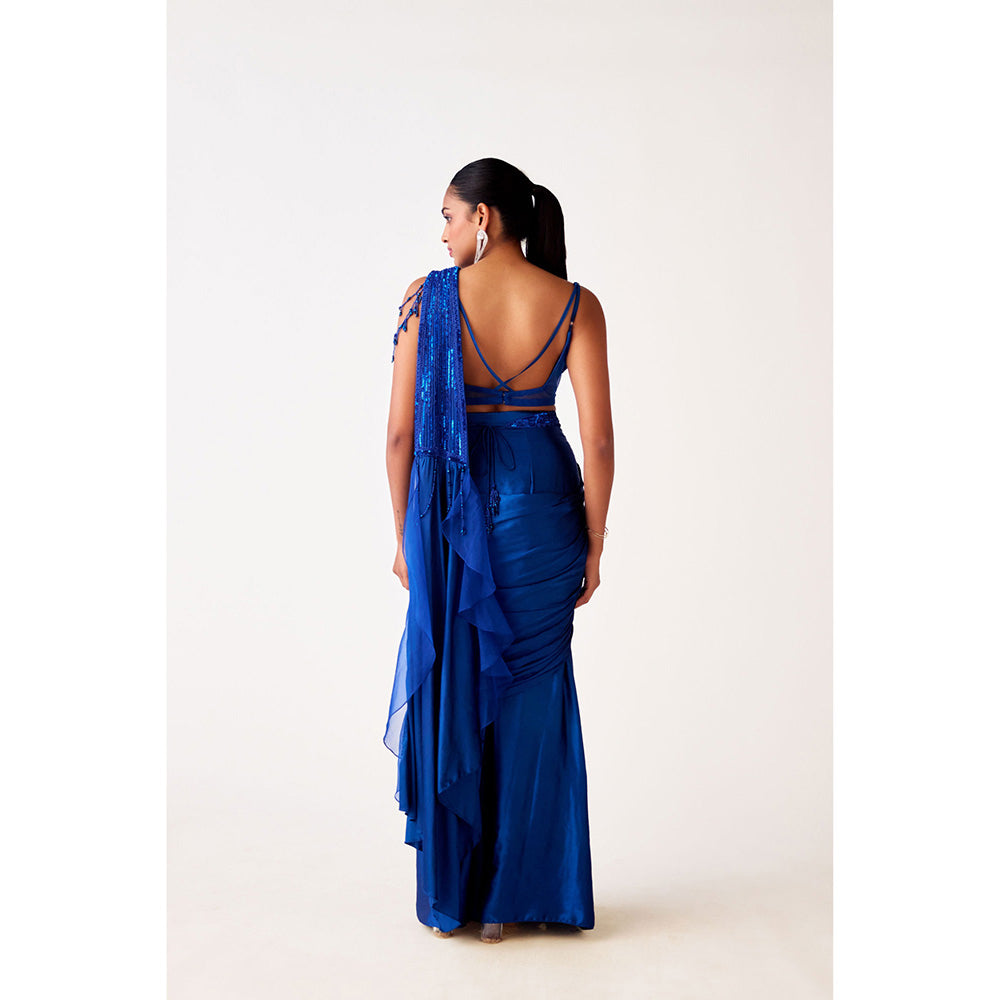 Basanti Kapde aur Koffee Blue Satin Crepe Pre Draped Saree with Belt and Stitched Blouse
