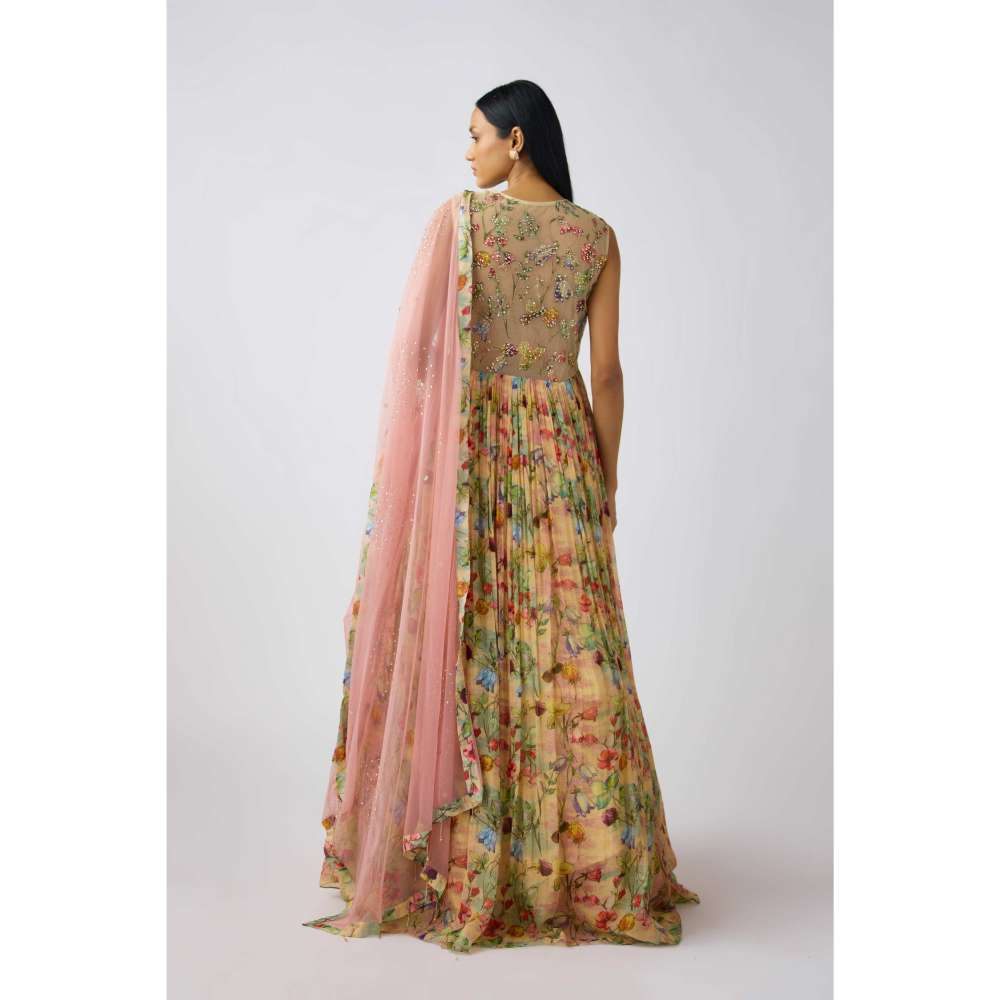 Basanti Kapde aur Koffee Beige Organza Embroidered Anarkali and Dupatta (Set of 2)