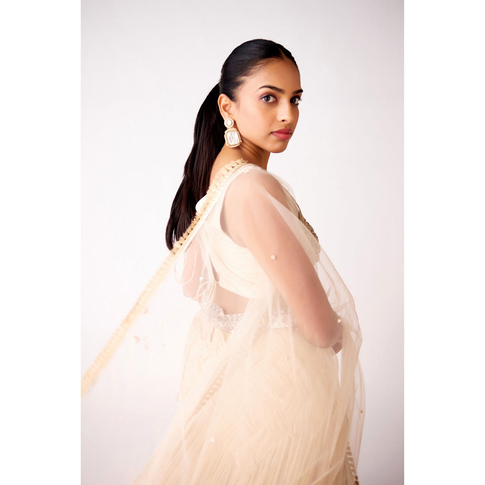 Basanti Kapde aur Koffee Ivory Chinon Embroidered Blouse with Lehenga and Dupatta (Set of 3)