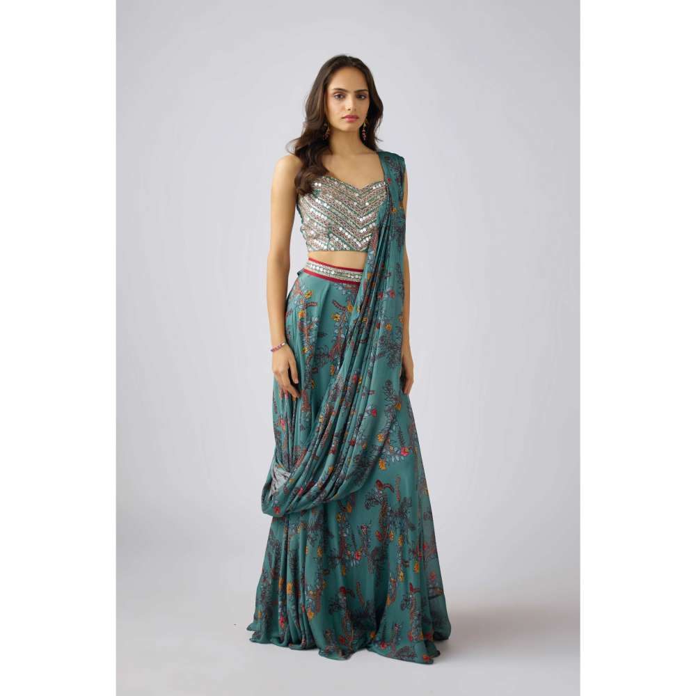 Basanti Kapde aur Koffee Sage Green Chinon Blouse with Lehenga and Draped Dupatta (Set of 3)