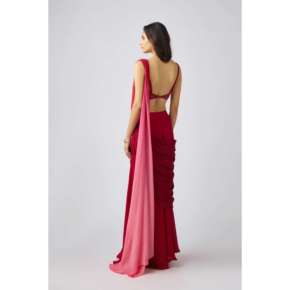Basanti Kapde aur Koffee Red Chinon Embroidered Pre Draped Saree and Stitched Blouse