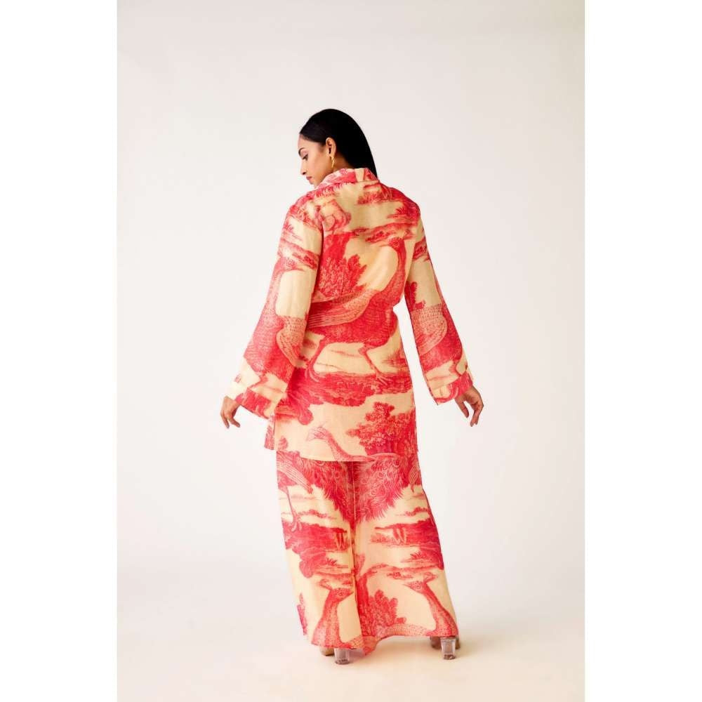 Basanti Kapde aur Koffee Pink Linen Floral Blazer Jacket with Bustier & Palazzo (Set of 3)