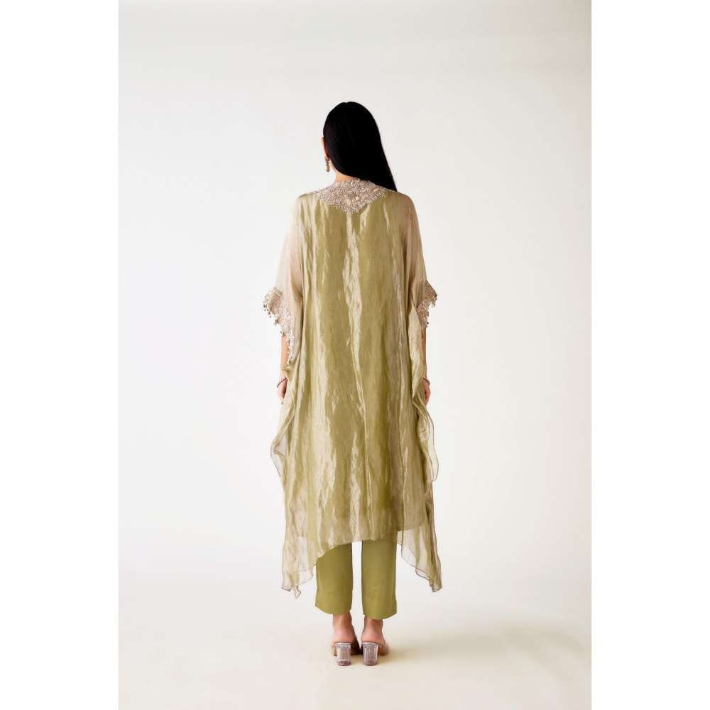 Basanti Kapde aur Koffee Green Tissue Embroidered Kaftan and Pant (Set of 2)