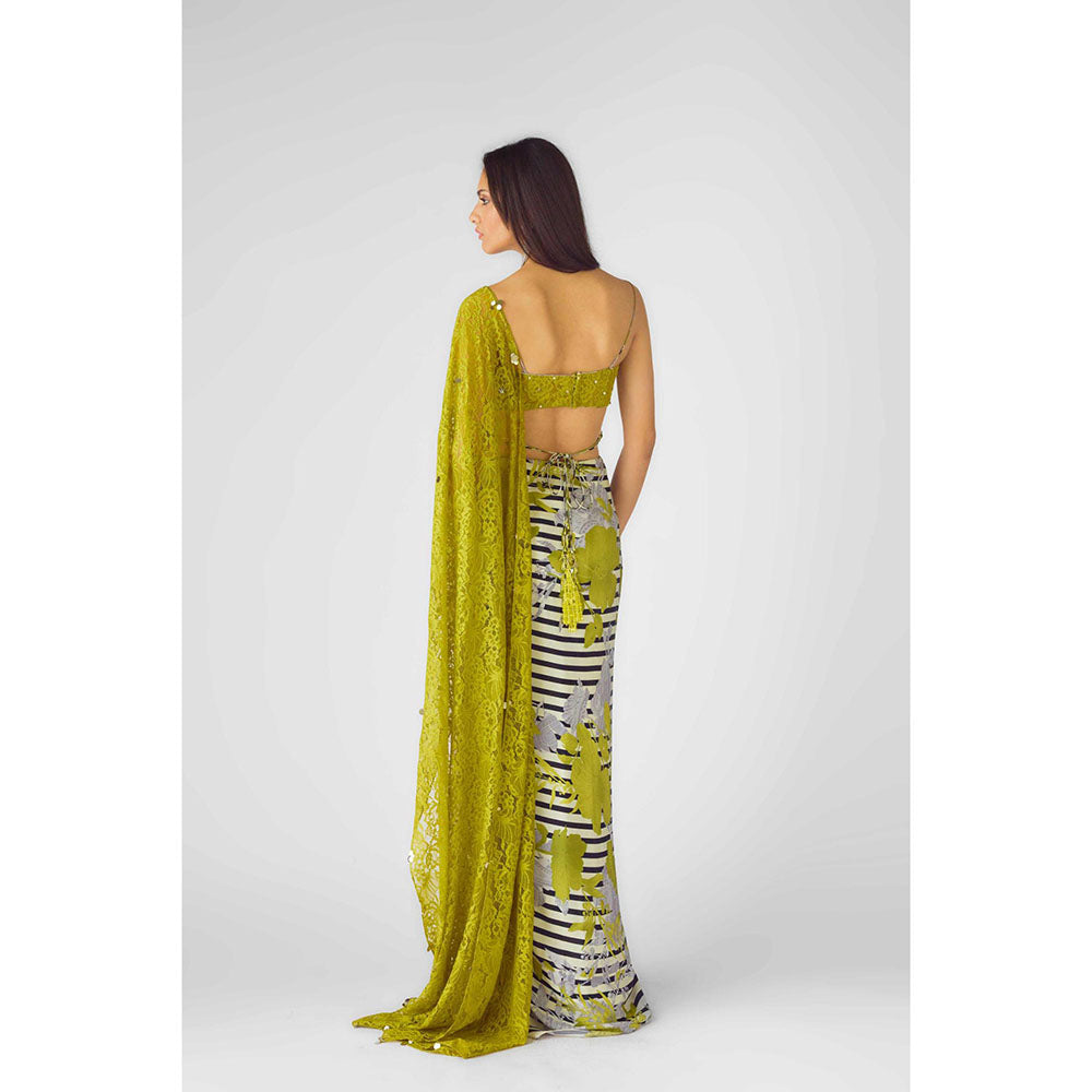 Basanti Kapde aur Koffee Womens Printed Multi-Color Saree with Stitched Blouse