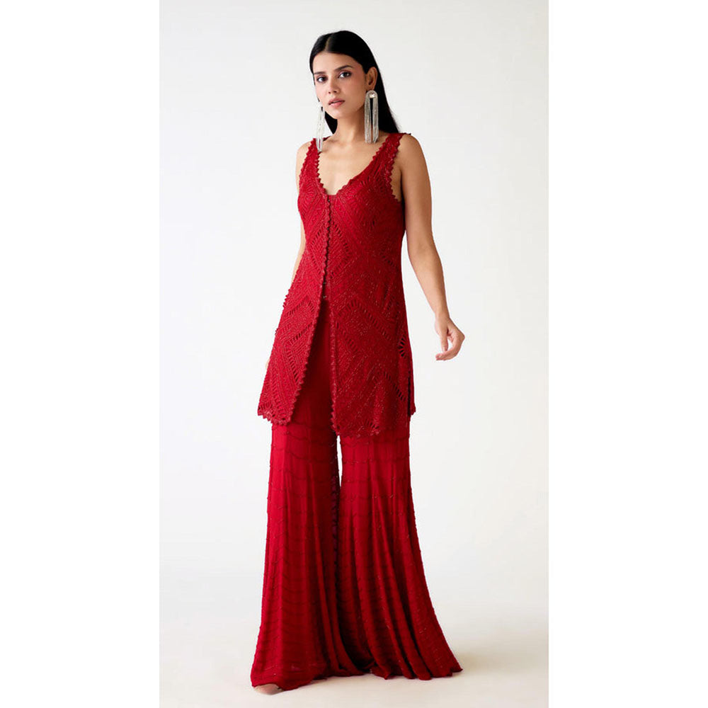 Basanti Kapde aur Koffee Red Georgette Embroidered Sharara With Kurta
