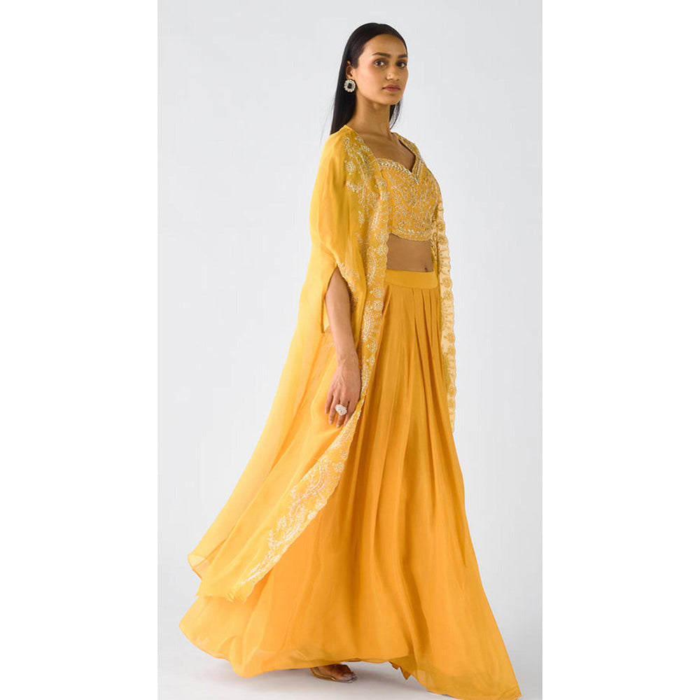 Basanti Kapde aur Koffee Yellow Chiffon Embroidered Cape With Blouse And Sharara