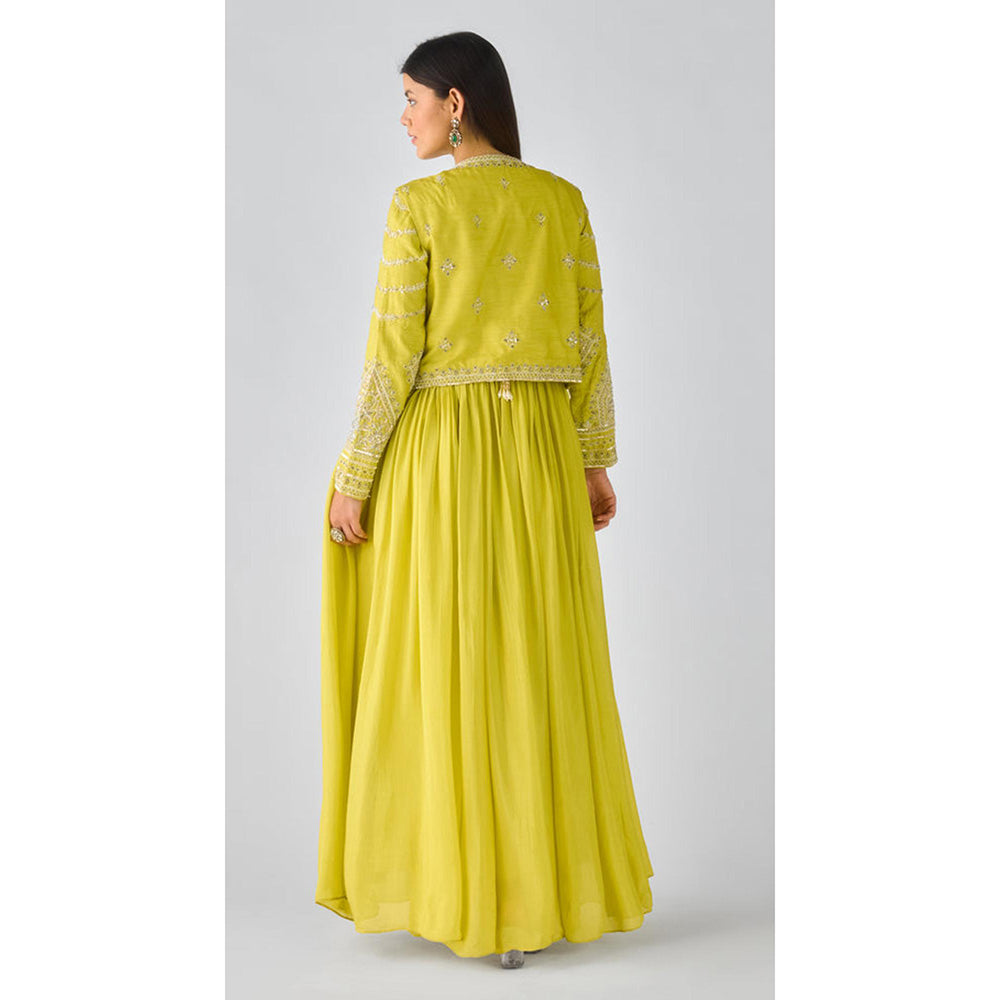 Basanti Kapde aur Koffee Lime Raw Silk Embroidered Anarkali Kurta With Pant And Dupatta