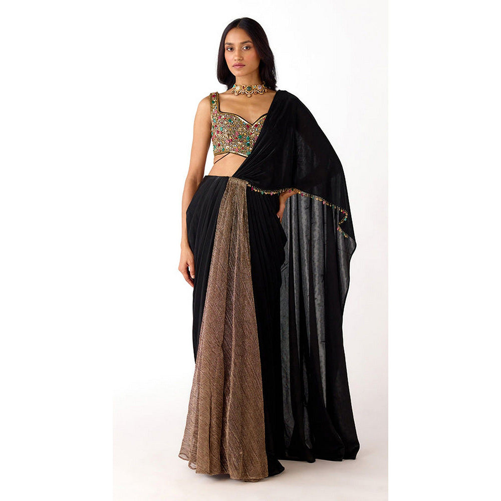 Basanti Kapde aur Koffee Black Lycra Embroidered Pre-Draped Saree with Stitched Blouse