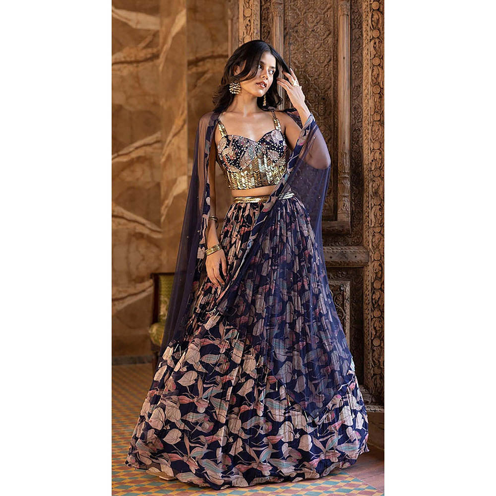Basanti Kapde aur Koffee Blue Floral Print Lehenga with Blouse and Dupatta