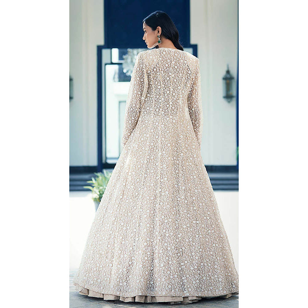 Basanti Kapde aur Koffee Beige Chantilly Net Embroidered Lehenga with Corset Blouse and Jacket