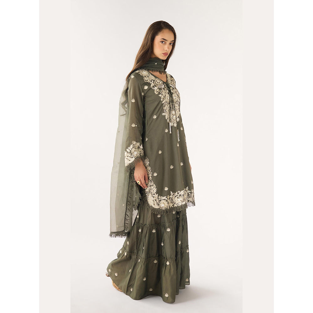 Basanti Kapde aur Koffee Olive Chanderi Embroidered Kurta with Sharara and Dupatta