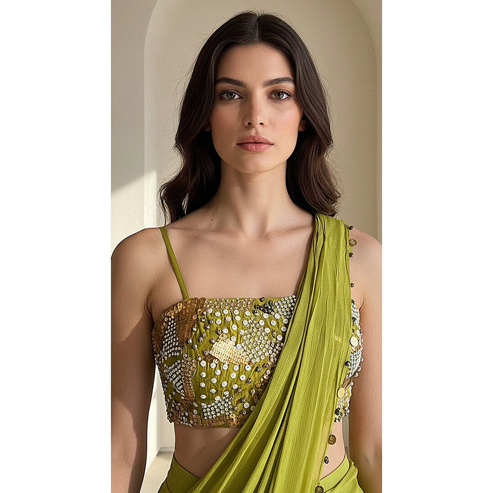 Basanti Kapde aur Koffee Green Chinon Embroidered Draped Saree With Stitched Blouse