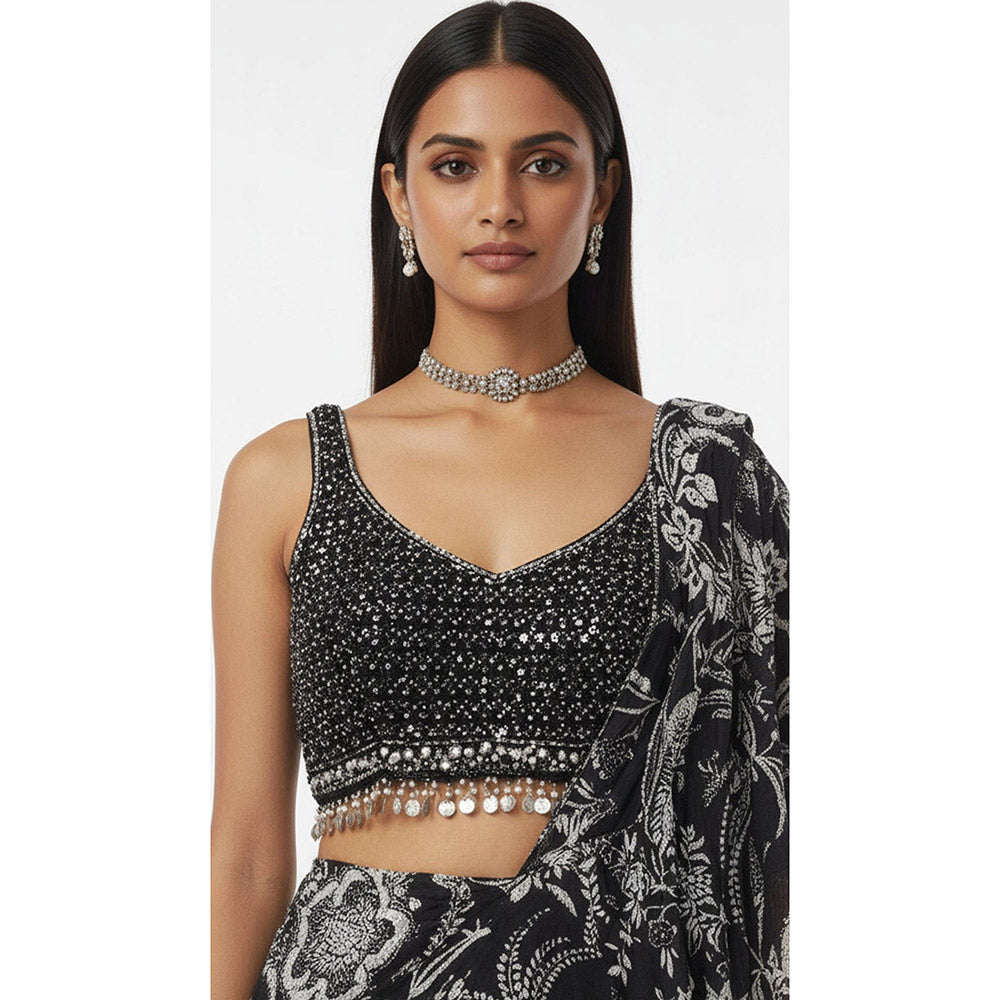 Basanti Kapde aur Koffee Black Crepe Draped Saree with Stitched Blouse