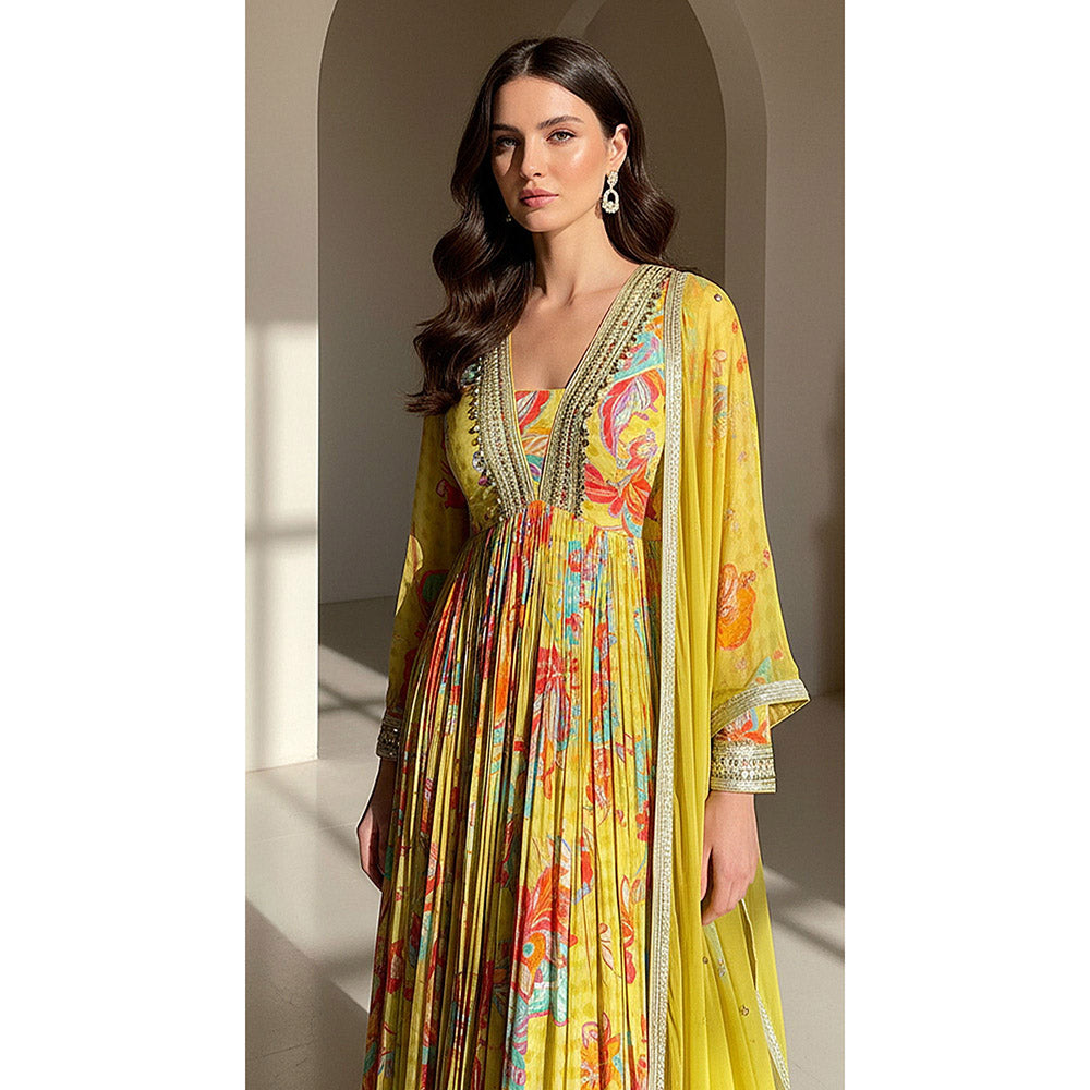 Basanti Kapde aur Koffee Green Georgette Embellished Anarkali Dress with Dupatta