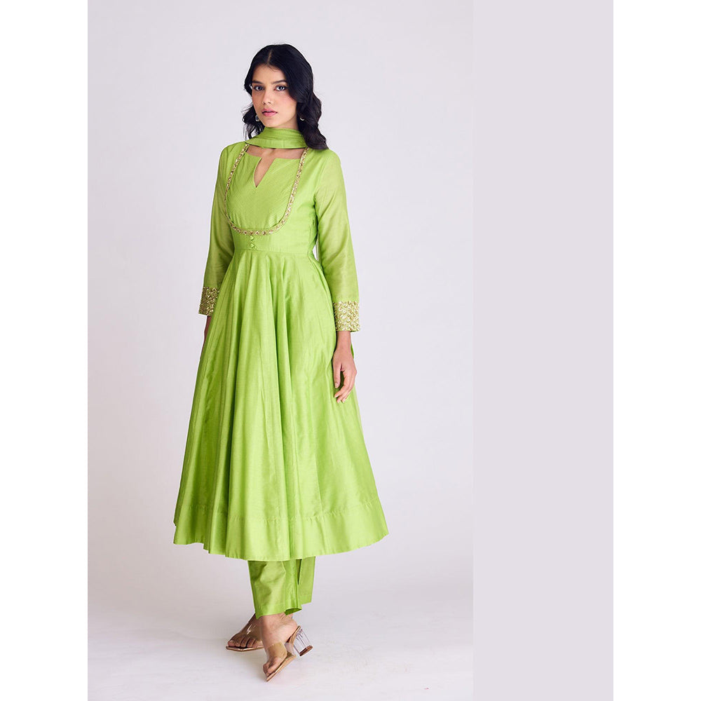 Basanti Kapde aur Koffee Lime Green Embroidered Anarkali With Pant and Dupatta