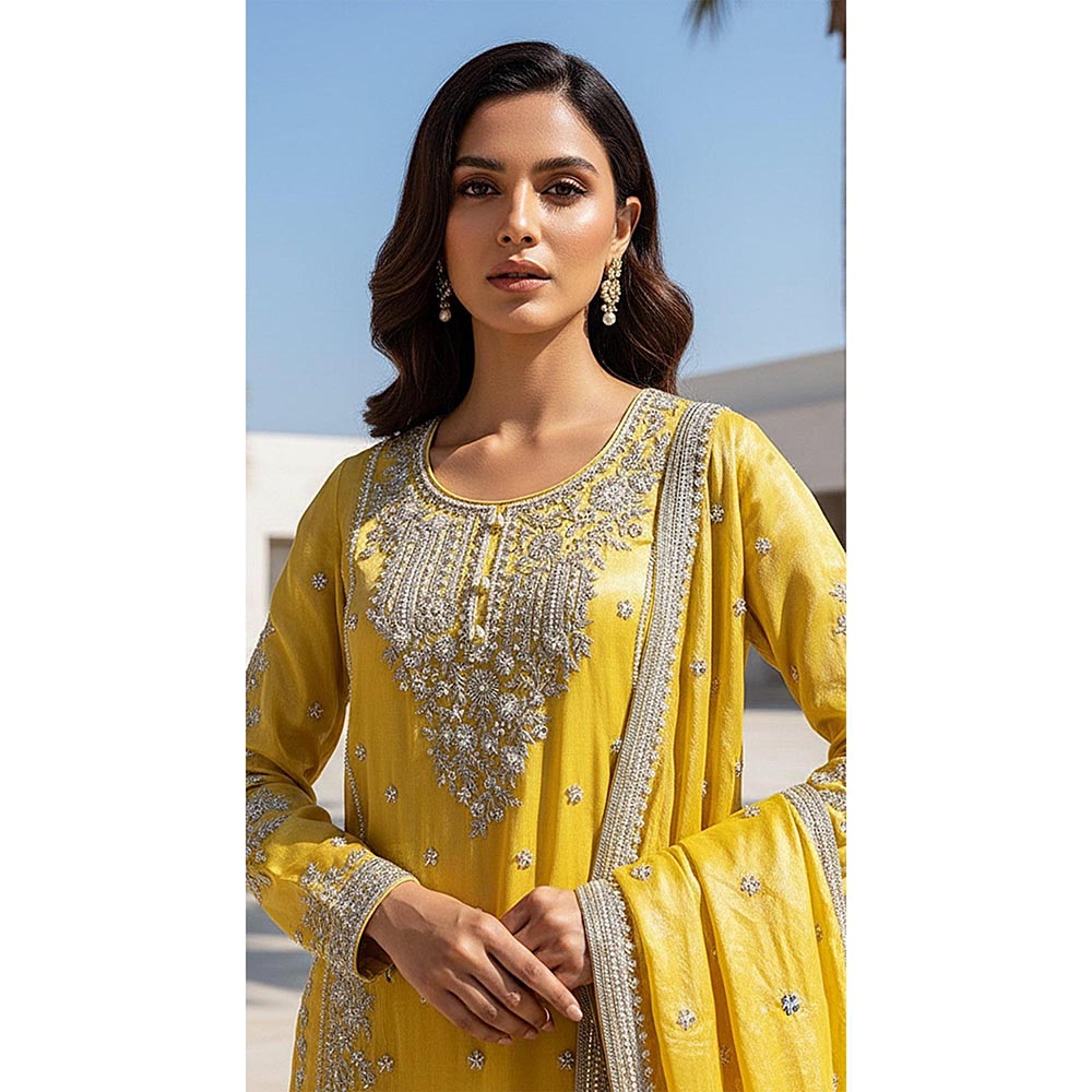 Basanti Kapde aur Koffee Yellow Tissue Embroidered Kurta with Sharara and Dupatta